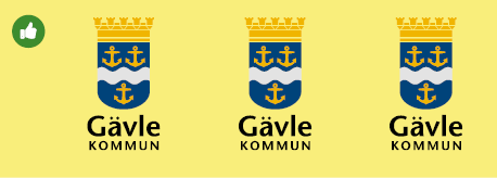 Godkänt exempel med standard logotype mot gul bakgrund. Negativ ordbild under emblemet är rätt användning.