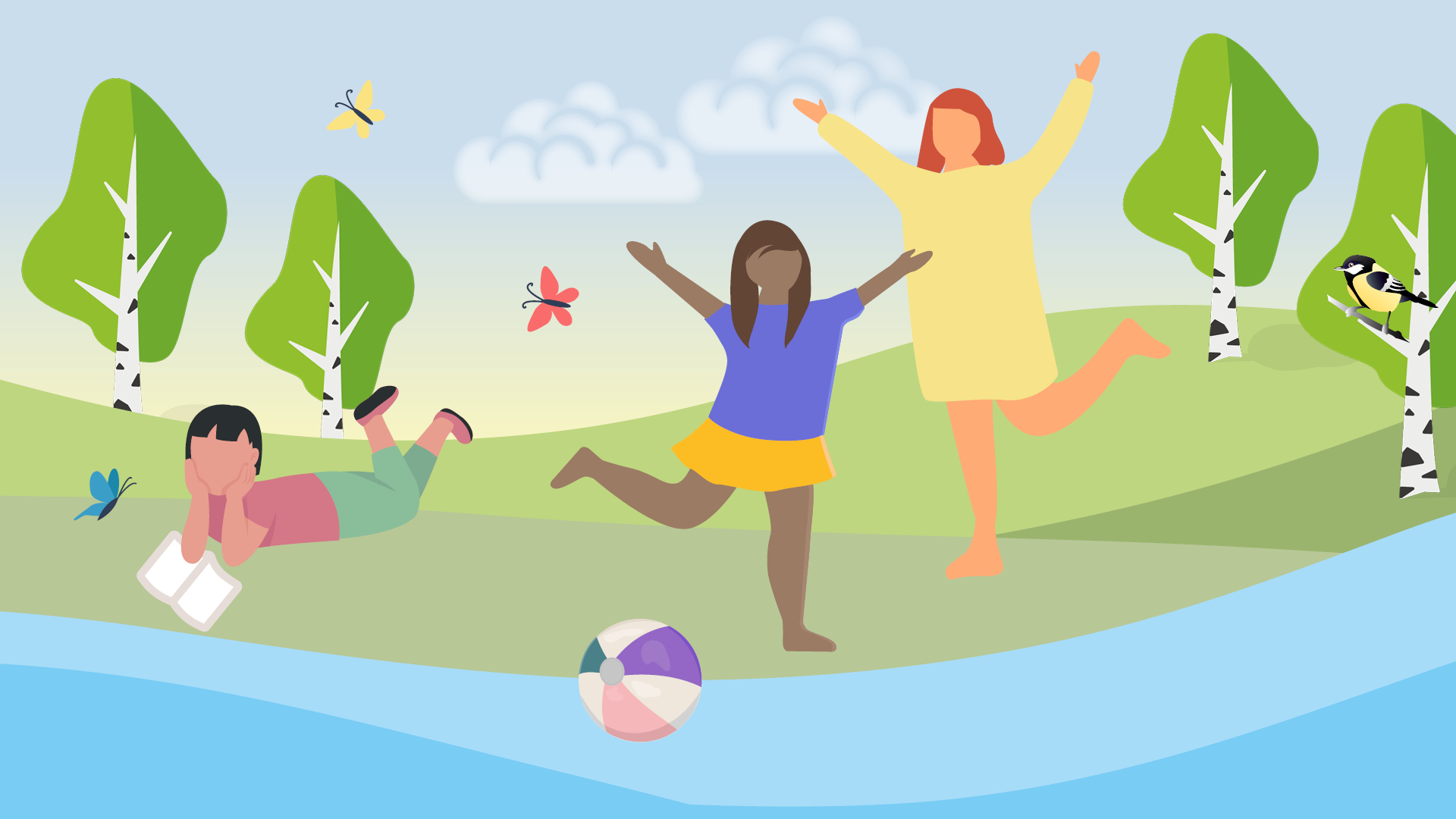 Illustrerad bild med barn som leker på gräs vid vatten.