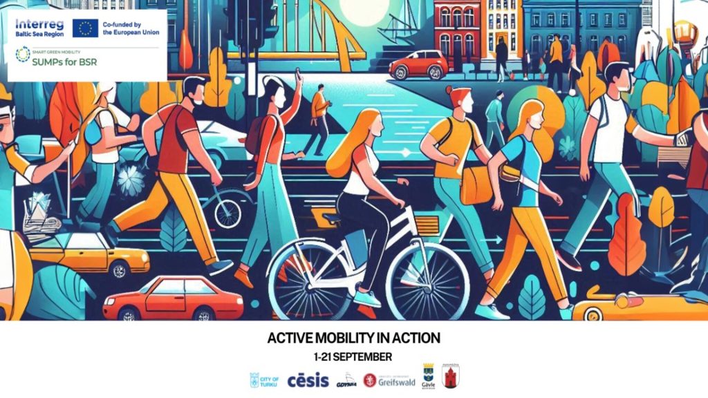 Bilden visar tecknade människor som rör sig i stadsmiljö med texten Active Mobility in acktion 1-21 september samt arrangörsloggor