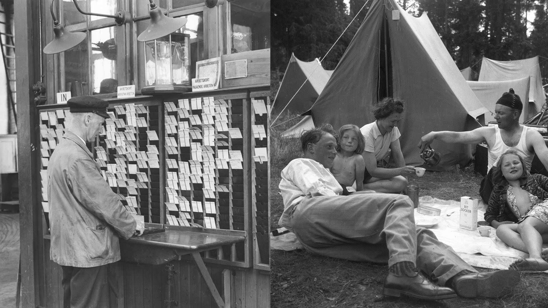 Arbete och fritid, åren 1935 och 1942, Fotograf okänd. Bilden är ett montage.