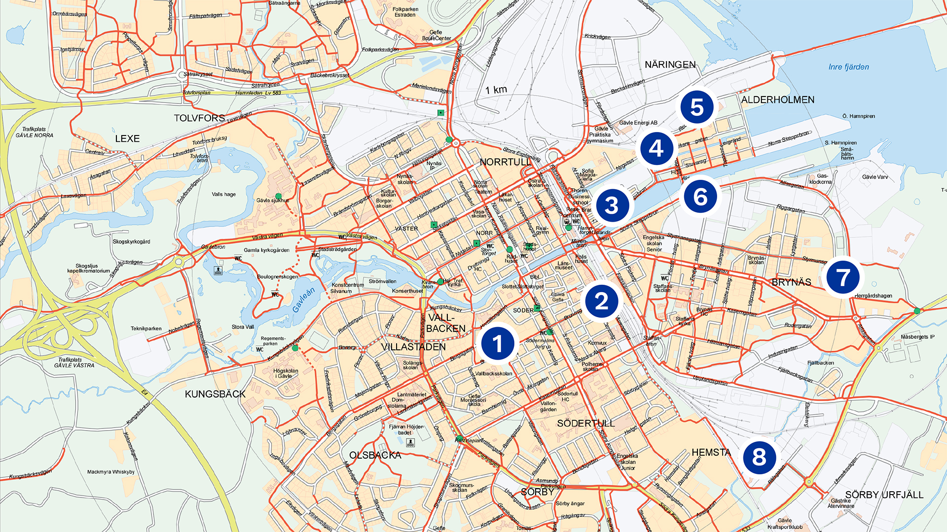 Karta över Gävle och 8 utspridda kontrollpunkter